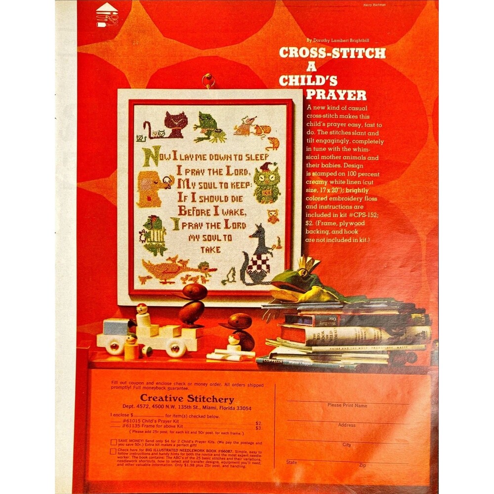 Creative Stitchery "Cross-Stith a Child's Prayer" Vintage Print Ad 1970